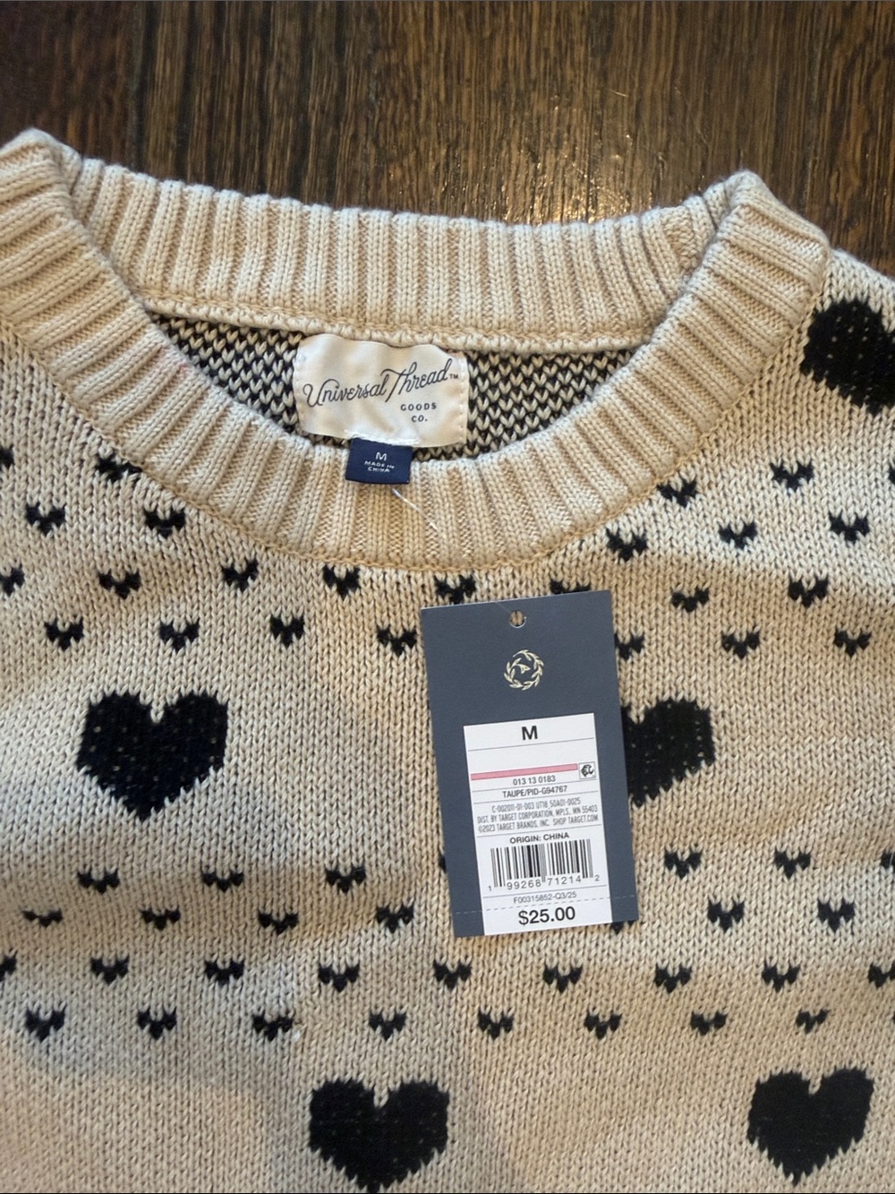 Universal Thread Beige Knit Crewneck Sweater with Black Heart Motif - Picture 2 of 2
